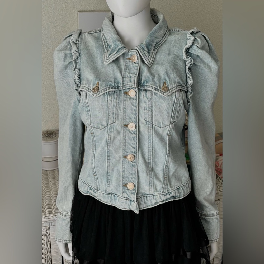 River Island Light Wash Denim Jacket with Ruffle Shoulders